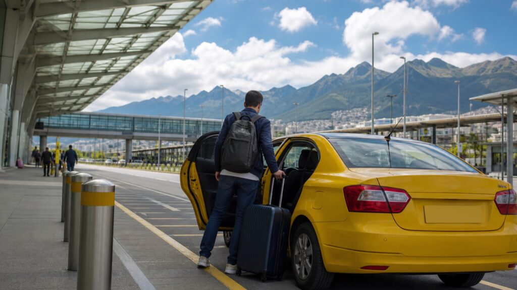 Viajero abordando un taxi amarillo a la salida del aeropuerto de Quito