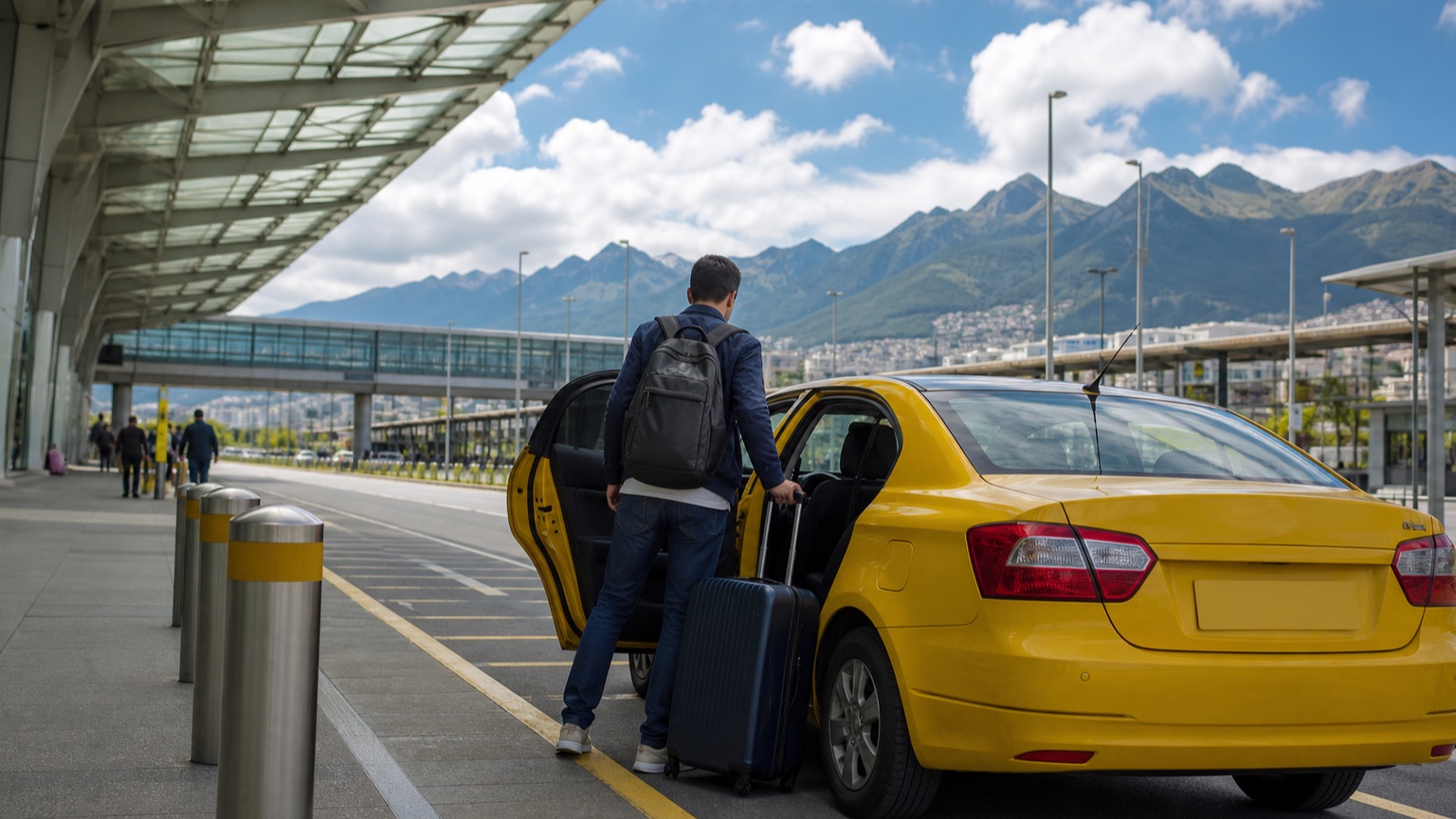 Viajero abordando un taxi amarillo a la salida del aeropuerto de Quito