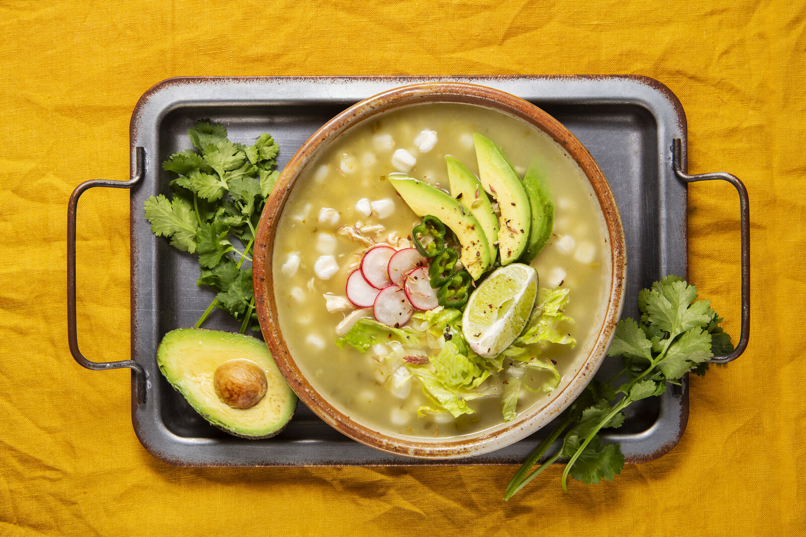 top view appetizing pozole bowl